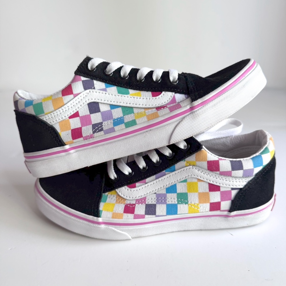 Vans Old Skool Rainbow Checkerboard and Black Suede Shoes Kids Size 5